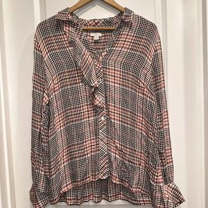 J Jill Womens Medium Long Sleeve Blouse Button Front Plaid Ruffle Rayon V Neck